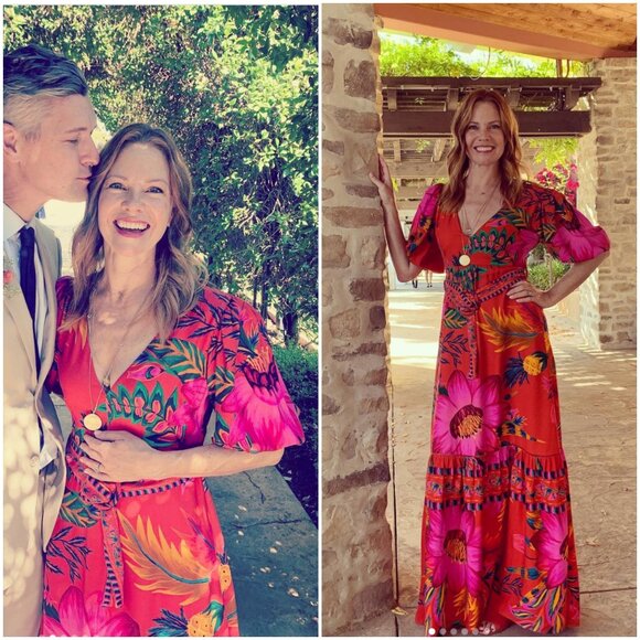 Farm Rio Belted Floral Maxi Dress size S small red pink v-neck puff sleeve - Picture 5 of 12